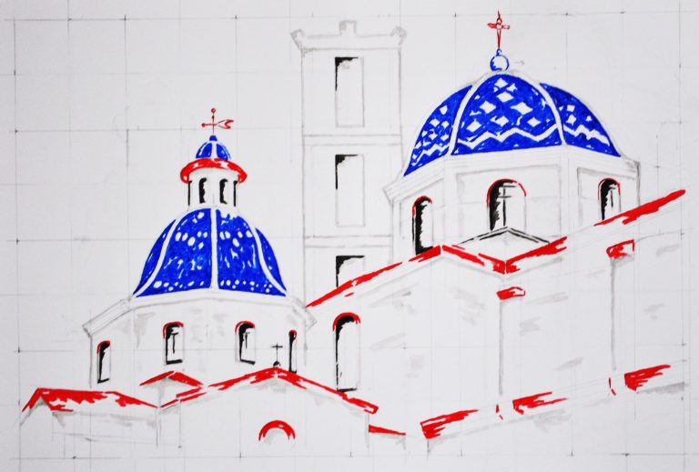 Kerkje Altea Kerkje Altea - Alicante. Tekening van kunstenaar Jozef Bloks